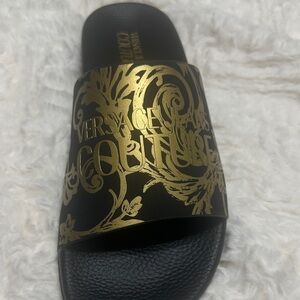 Versace Jeans Couture Women's Black & Gold Logo Slide Sandals
